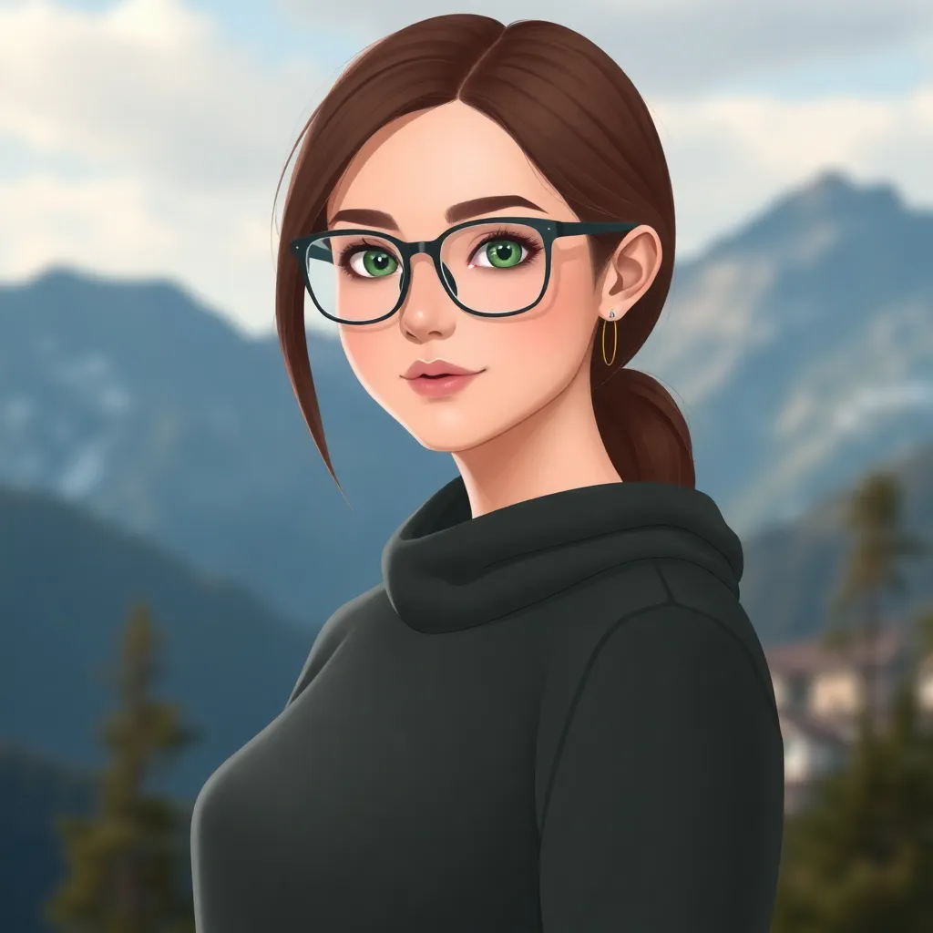 A woman in the mountains wearing a black sweater looks directly at the viewer with a serene expression.