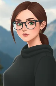 A woman in the mountains wearing a black sweater looks directly at the viewer with a serene expression.