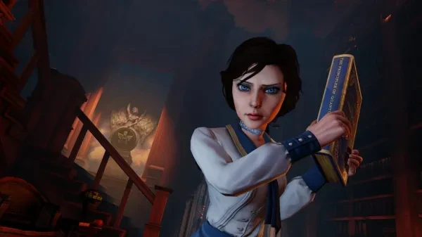 Liz from BioShock Infinite wearing a white and blue uniform. She is holding a blue book and acting aggressively. 