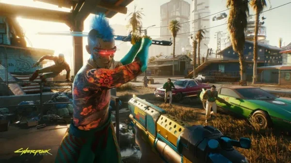 Cyberpunk 2077 katana guns cars city Night City cyborgs