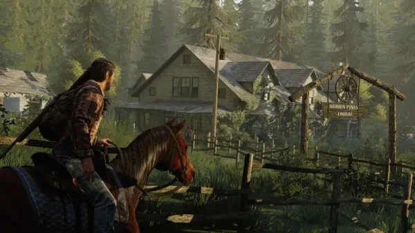 Joel, the protagonist of The Last of Us, rides a horse towards an abandoned house signposted as "Hidden Pines Corral" 