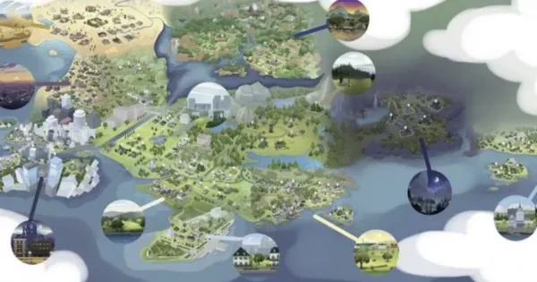 A map of all of the Sims 4 worlds.