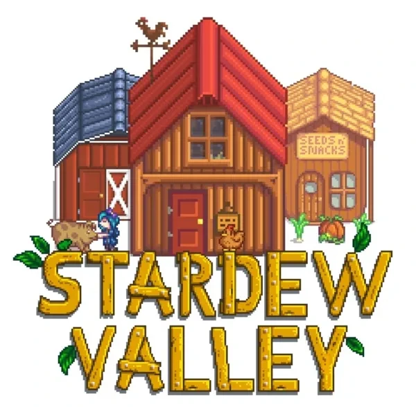 Stardew Valley logo with modded buildings above