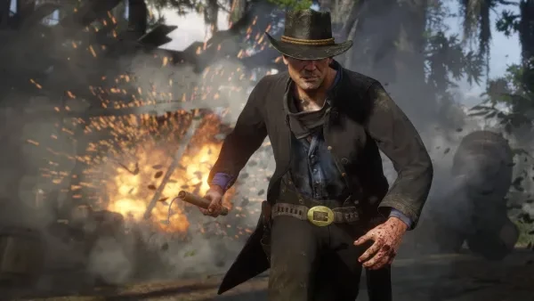 Arthur Morgan as he struts away from an explosion in true style