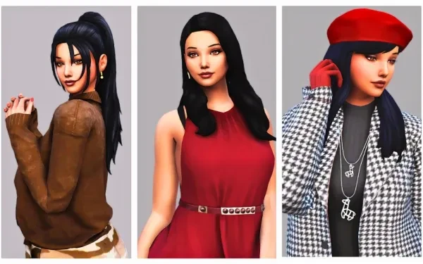 A Female character in The Sims 4 is showcasing various potential wardrobe options.