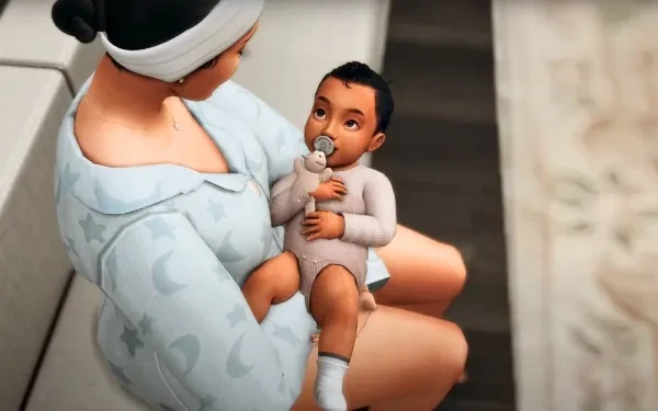 A heartwarming Sims 4 image of a mother cradling her newborn baby.