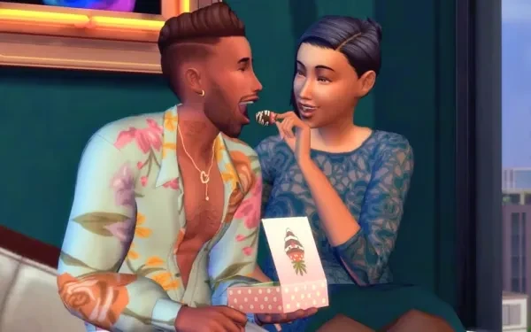 A couple in The Sims 4 is sharing a delicious snack together.