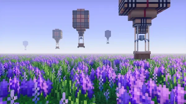 A beautiful image of a field of purple flowers and air balloons in the sky. 