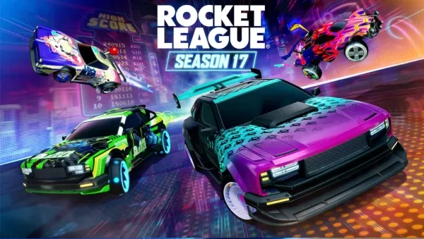 Four battle cars on a neon field bringing in Season 17 of Rocket League.