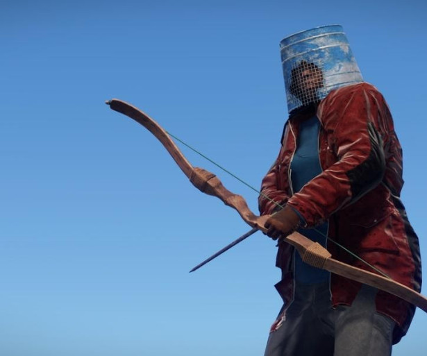 RUST Best Bow Skins. A bow wielding Rust player stands against the backdrop of an azure sky.