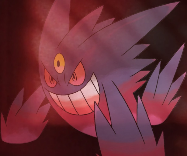 Pokemon GO Best Mega Evolutions For PVE. A Pokémon purple and red on a black background with red lights. This Pokémon is Mega Gengar. It has red eyes and a malicious smile 