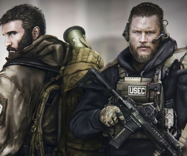 The imagery from the game's launcher which features two PMCs of opposing factions.