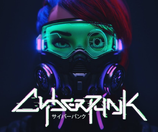 Image of a futuristic pair of goggles with overlying text: Cyberpunk