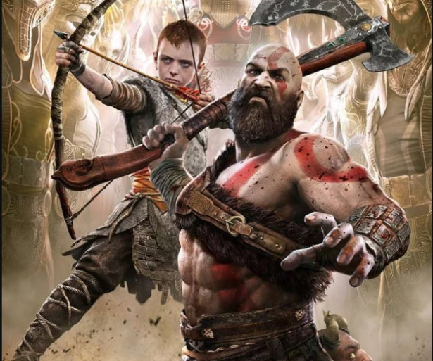 Kratos and Atreus working together to fight the Valkyries