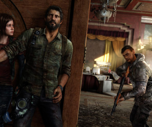 Joel and Ellie hide behind a wall as a hunter, holding a gun, approaches from around the corner.