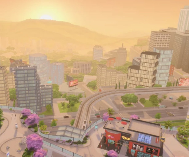 A picture of the sun rising over the Sims 4 world of San Myshuno, showing off the city.