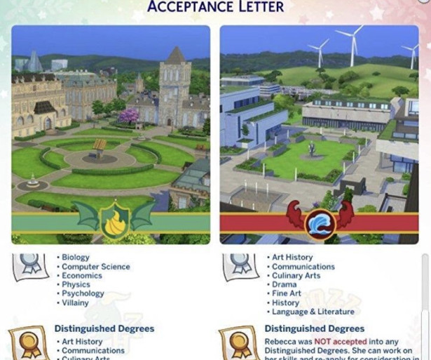 An acceptance letter from the Sims 4 Discover University.