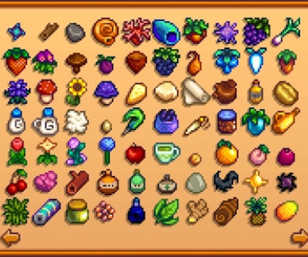 Stardew Valley farmed/foraged items collections tab.