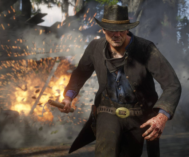 Arthur Morgan as he struts away from an explosion in true style