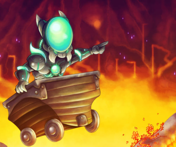 Terraria player in Vortex Armor riding a minecart through a lava filled cave