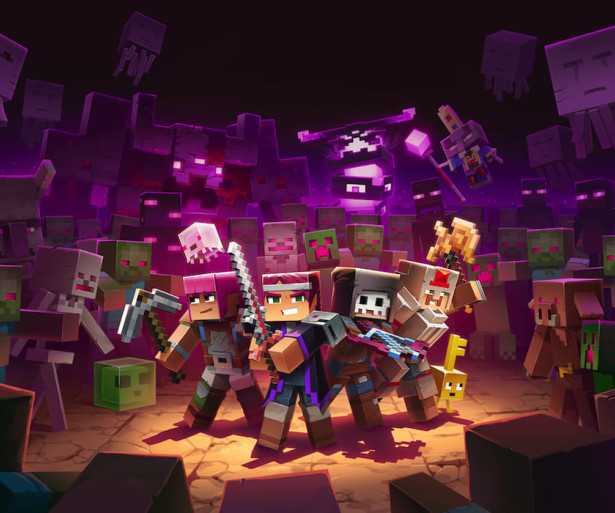 Several Minecraft characters standing around a bunch of monsters, ready to fight. 