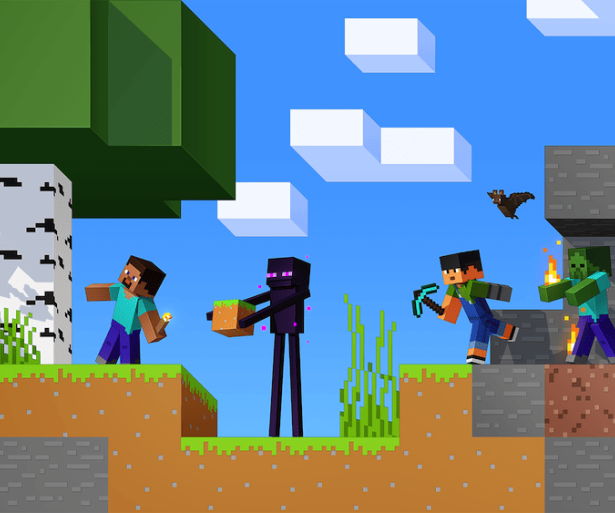 An image of two characters and several Minecraft monsters standing on a cliff. 