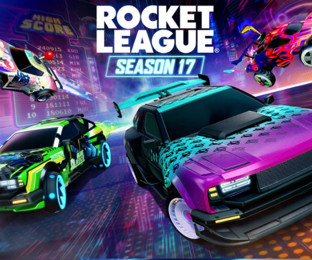 Four battle cars on a neon field bringing in Season 17 of Rocket League.